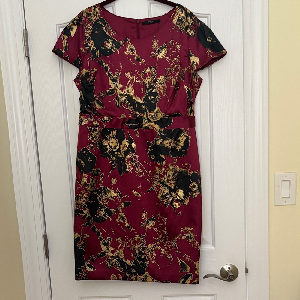 Tahari Burgundy and Gold Floral Satin Occasion Dress
